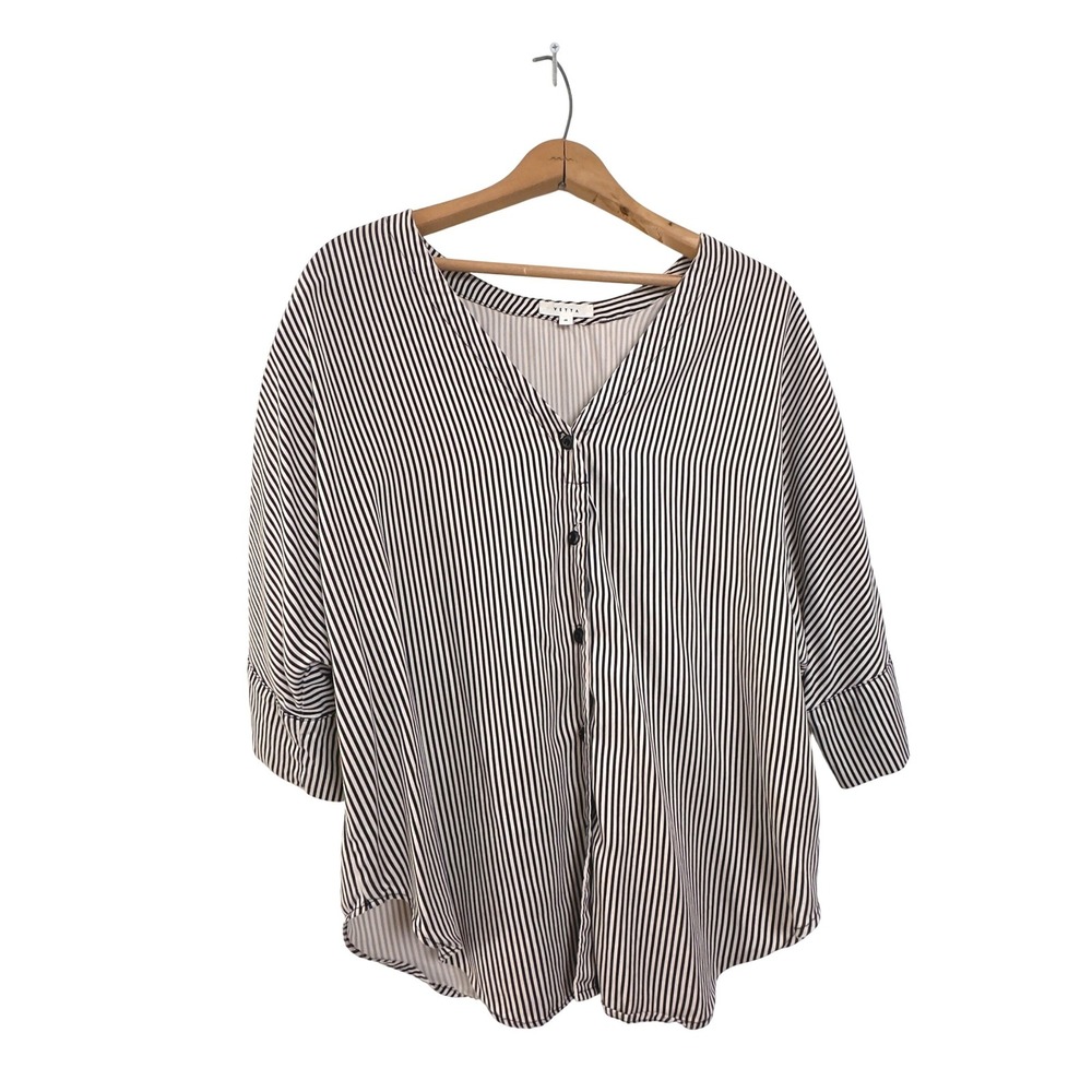 VETTA Reversible Blouse Black White Striped Tencel Medium